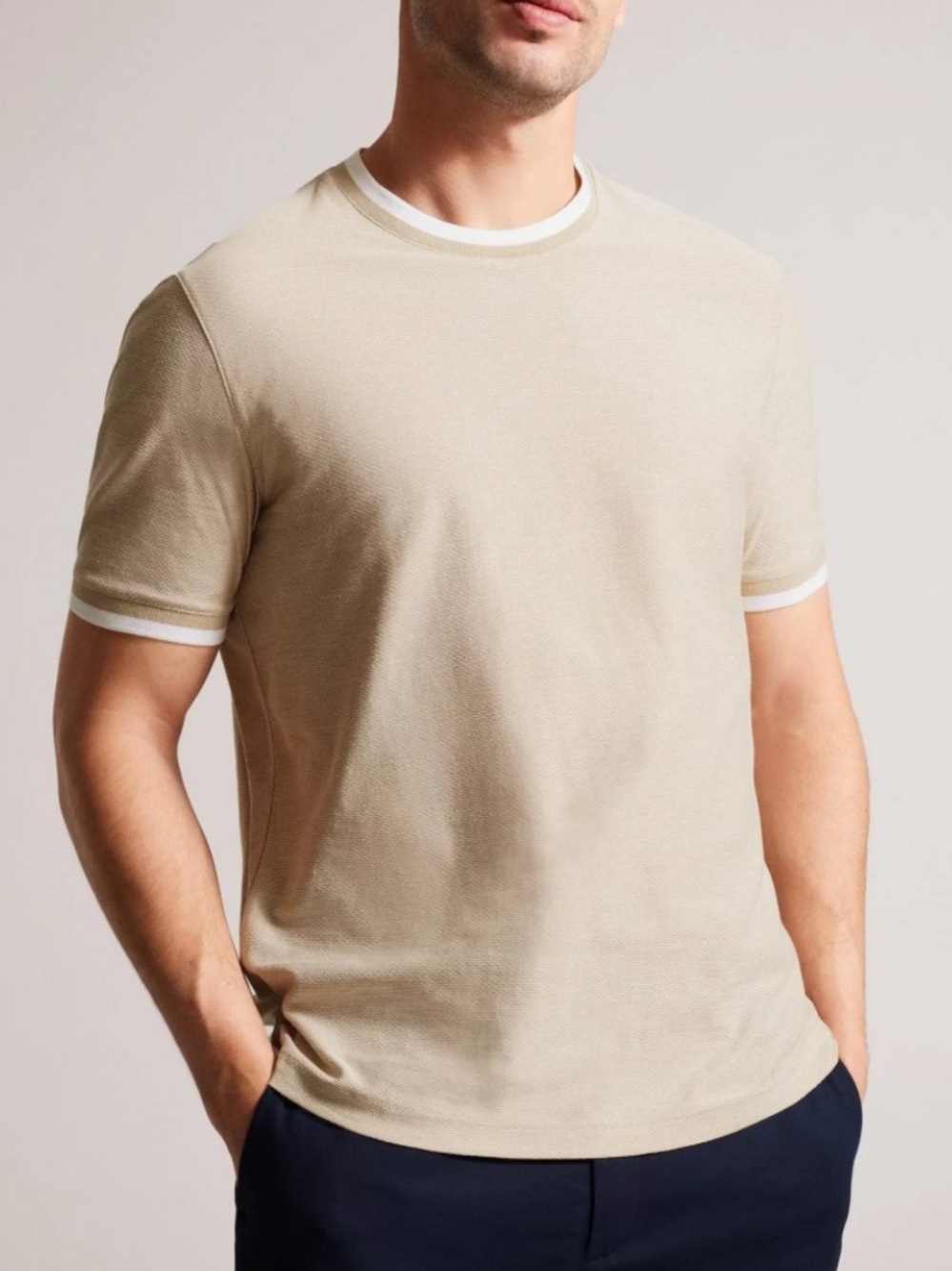 Ted Baker tan regular contrast ringer trim 100% cotton short sleeve tee size 3